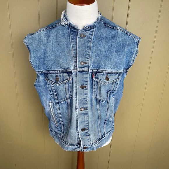 Levi’s vintage men XL 100% cotton distressed cut off button up sleeveless jacket - Picture 1 of 11